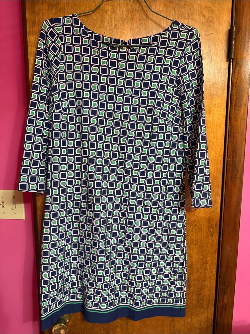 Talbots Navy, White & Green Geometric Boatneck Dress